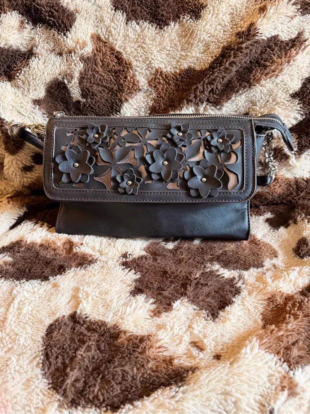 Liz Claiborne Black Floral-Appliqué Shoulder Bag